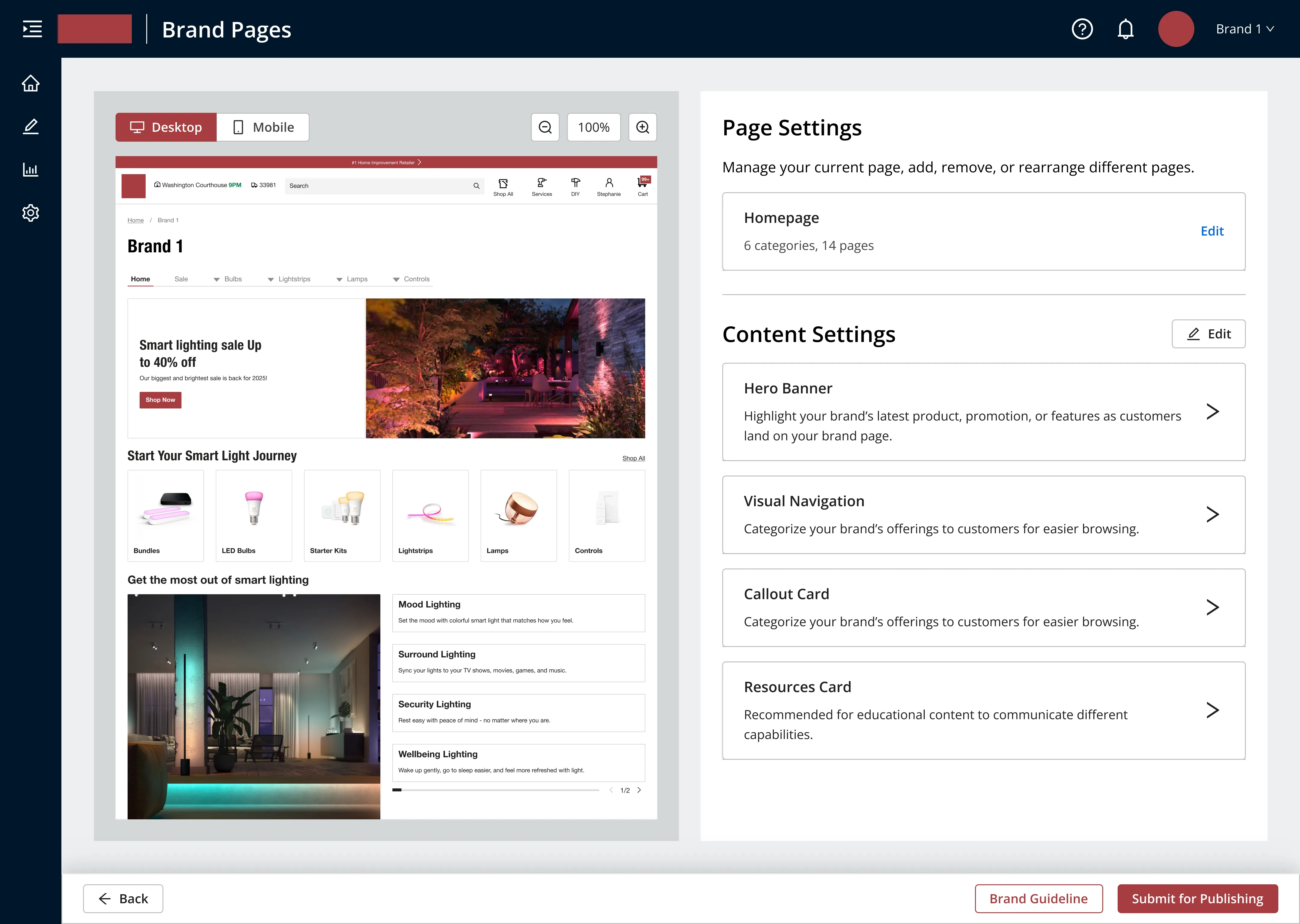 Page management interface with live desktop and mobile preview